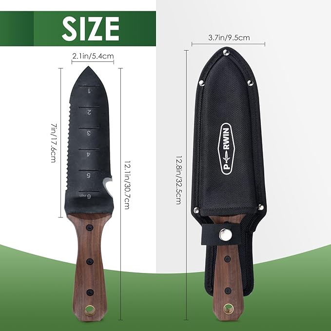 Hori Hori Garden Knife, Garden Tools with Sheath for Weeding,Planting,Digging, 7" Stainless Steel Blade with Cutting Edge, Full-Tang Wood Handle with Hanging Hole