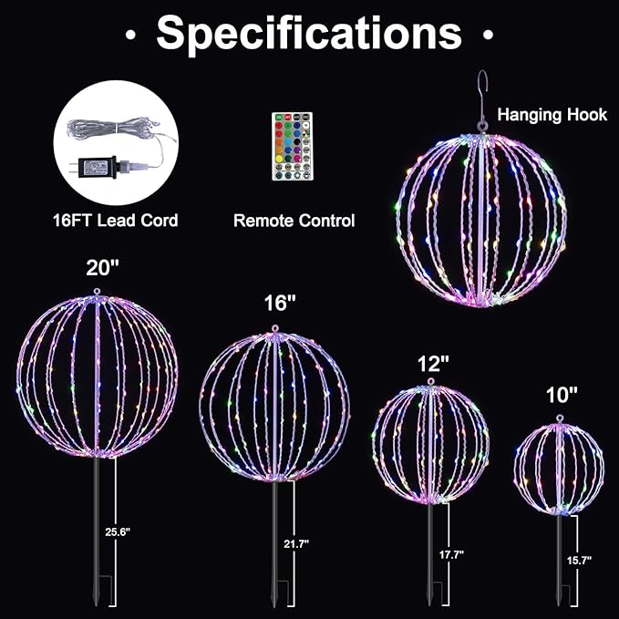 Christmas Ball Sphere 16IN 128LED Hanging Tree Light and Pathway Lights - Foldable Metal Frame, White, RGB