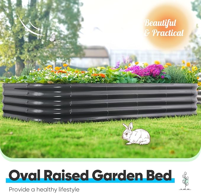 Quictent Galvanized Raised Garden Bed Kit, 6x3x1.5 ft Oval Metal Planter Box Tall for Vegetables Outdoor Backyard, Rubber Strip Edging Included, Dark Gray