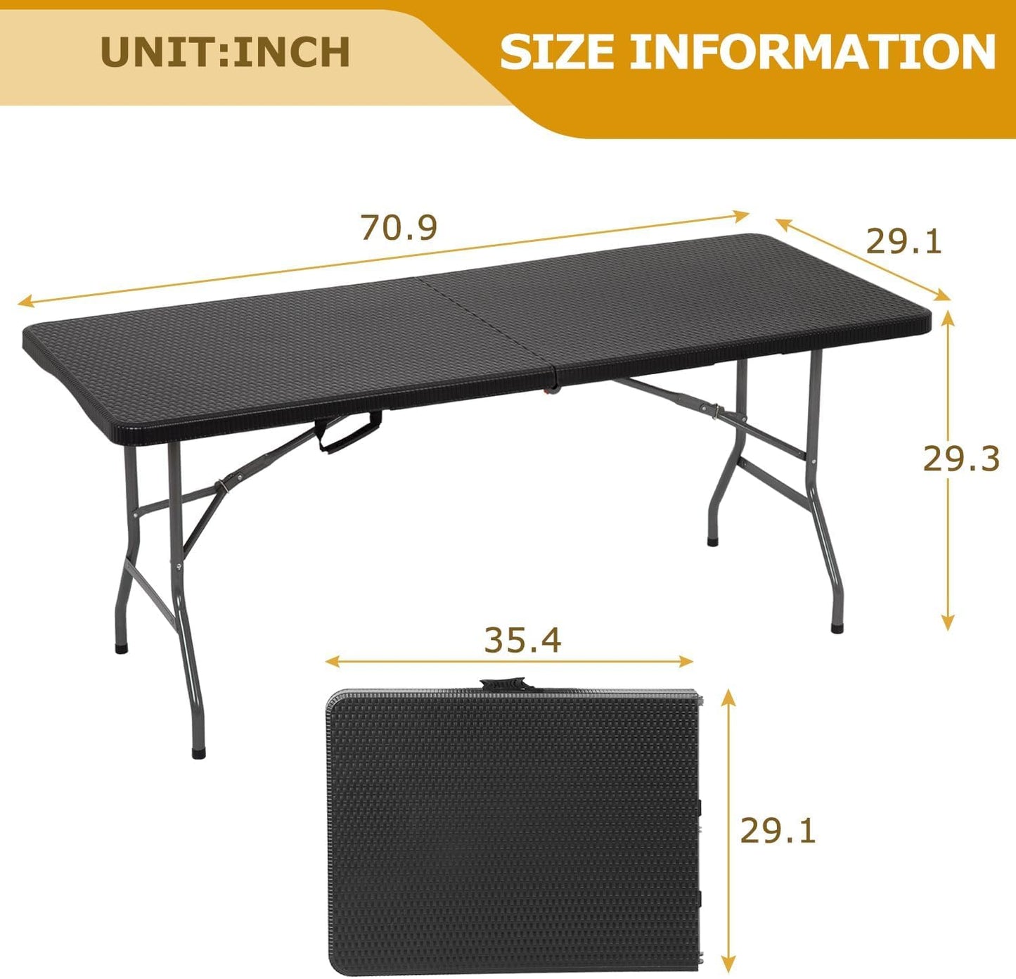 6FT Folding Table, Heavy Duty Plastic Table Portable Fold-in-Half Utility Table Indoor Outdoor Picnic Table w/Handle & Lock for Camping BBQ Party Wedding Market Events, Black Ratten