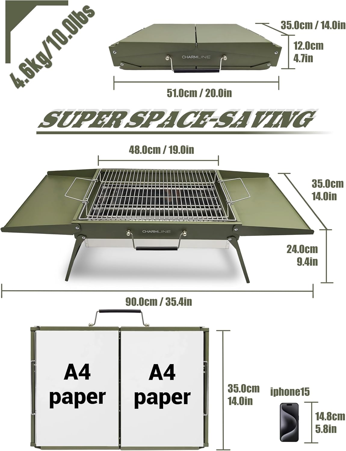 Charmline 20x14inch Big Desktop Charcoal Grill, Liftable Grilling Net, Saving Space Grill for Indoor and Outdoor, BBQ Grill for Camping, Gardens, Picnics, Beach Parties, Green, Max