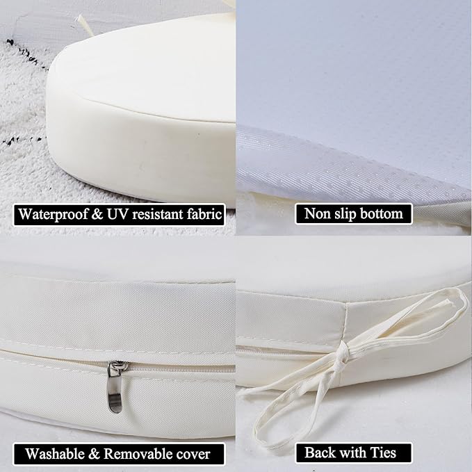 15 x 15 Inch Round Cushions for Outdoor Furniture Non-Slip Waterproof Patio Bistro Chair Cushion with Ties Bar Stool Seat Cushion for Kitchen Chairs Set of 2, Beige