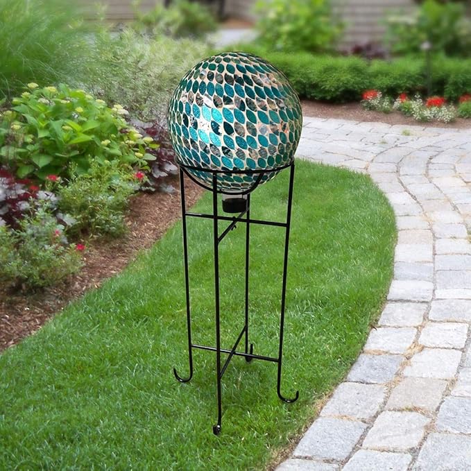 Alpine Corporation 10" Diameter Indoor/Outdoor Glass Mosaic Gazing Globe Yard Decoration, Blue Mosaic Petals Design
