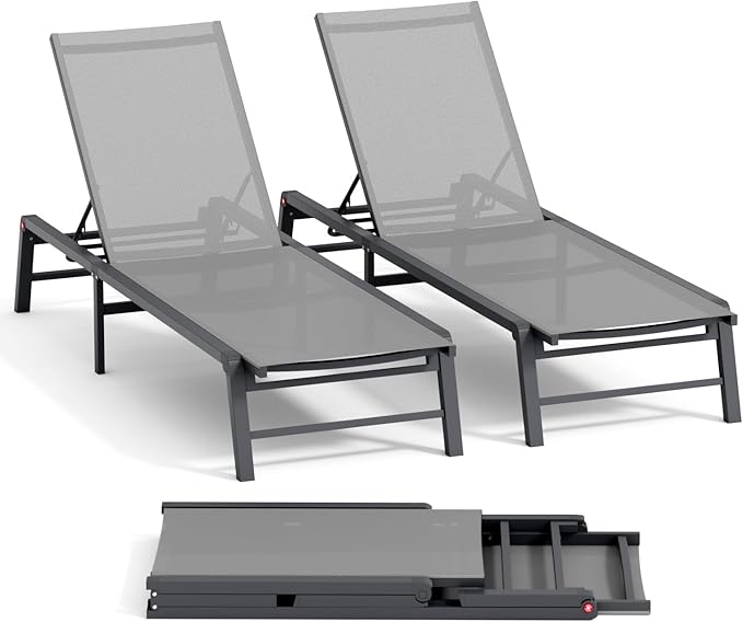 Aluminum Chaise Lounge Chair Outdoor, Foldable Patio Lounge Chair 2 Sets Assemble-Free, Pool Lounge Chairs with 5 Adjustable Backrest, Outdoor Lounge Chairs for Outside Poolside Beach Lawn Grey