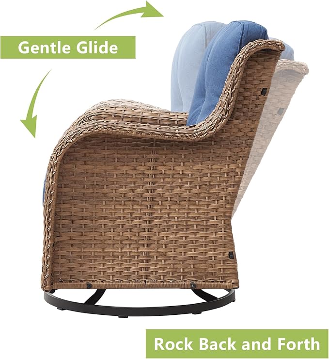 Outdoor Wicker Patio Furniture Set - 6 Piece Rattan Patio Conversation Set with 2 Rocking Swivel Chairs,2 Ottomans,1 Loveseat and 1 Coffee Table for Porch Deck Backyard Garden(Yellow/Blue)