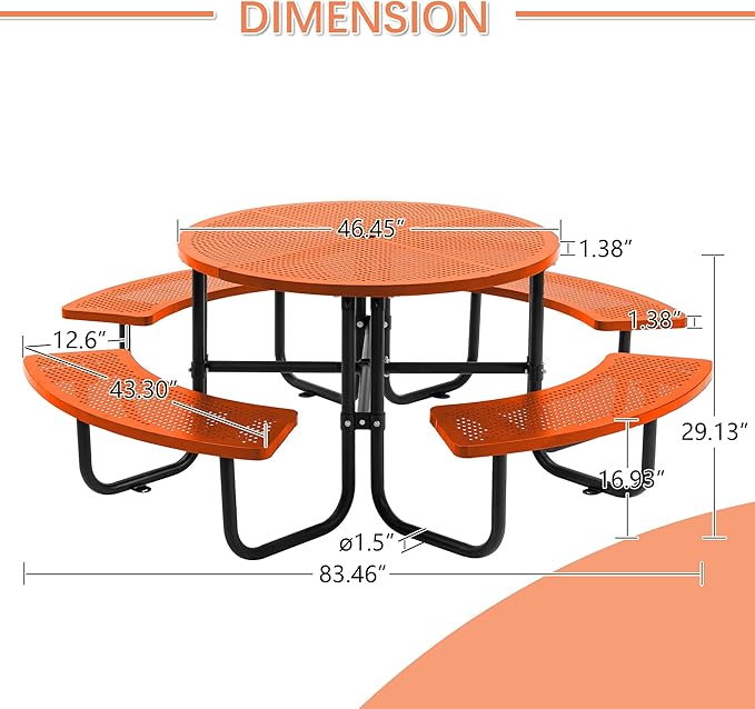 46'' Steel Round Picnic Table for Outdoors, Expanded, Lifetime Picnic Table with Umbrella Hole, Heavy Duty Sturdy Commercial Picnic Tables for Garden Courtyard BBQ, Orange