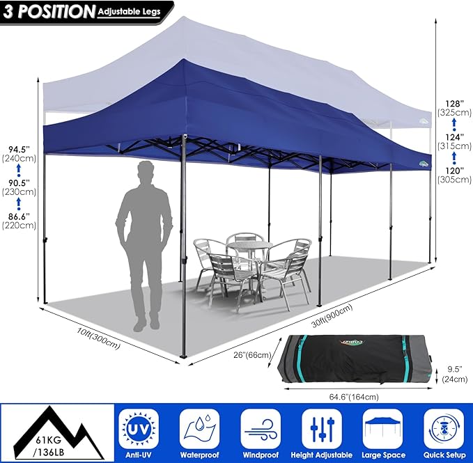 COBIZI 10x30 Pop up Canopy Tent 10x30 Canopy with Sidewalls, Heavy Duty Party Tent Tents for Parties, Foldable UPF 50+ Waterproof Commercial Easy up Canopy with Roller Bag, Navy Blue(Windproof)