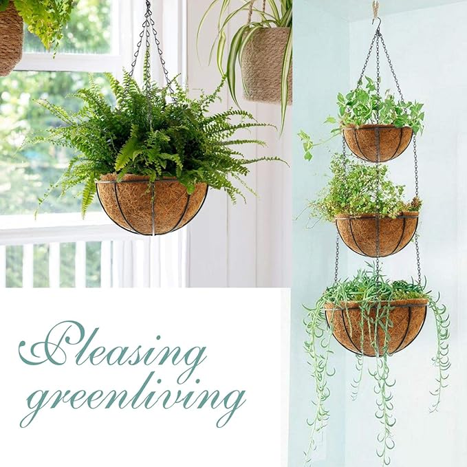 Hanging Plant Basket Flower Holder (2pack, 14 inch)-Metal Wire Round Hanging Basket Planter with Coco Fiber Liners for Plants Flower Pots Indoor Outdoor Garden Porch and Balcony Decor