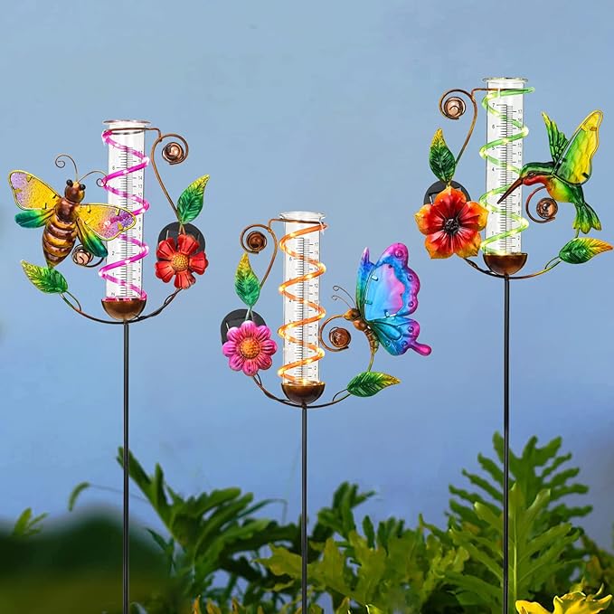 BAYN 36.3” Rain Gauge Outdoor Solar Powered 10 LEDs 7” Tube Garden Hummingbird Metal Decorative Stake with Waterproof Large Glass Tube Rain Guage for Yard, Garden, Patio, Lawn