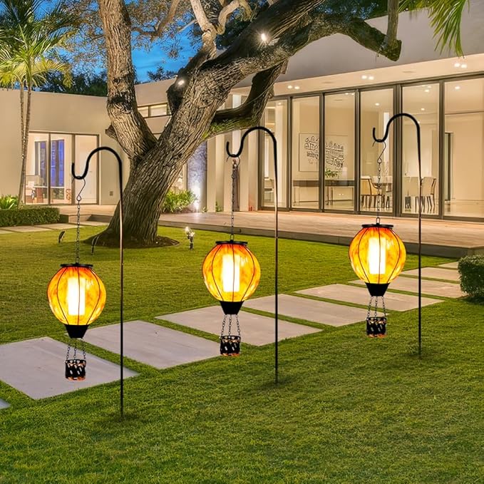Hot Air Balloon Solar Lanterns with Flickering Flame Light,Glass Hanging Solar Lanterns Outdoor Waterproof Hot Air Balloon Light for Patio Yard Garden Decor Mother Day Gifts for Women(Yellow)