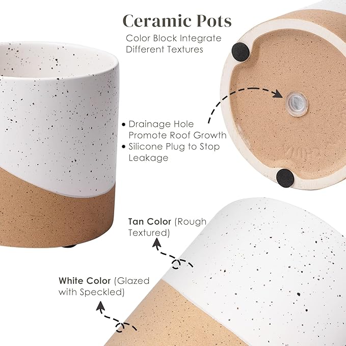 Ceramic Pots for Indoor Plants, 2 Set Flower Pots 5.4/4.3 Inch with Drainage, Double Color Glazed Speckled White & Terracotta Bottom Ceramic Planter Idea for Plant Lovers
