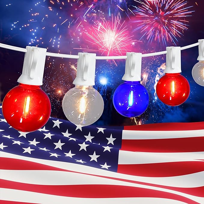 27.8Ft G40 Red White and Blue Lights String with 28 Shatterproof LED Globe Bulbs, for Memorial Day 4th of July Decorations Outdoor & Patriotic Decorations Lights for Home Party Patio Gazebo, 0.6W