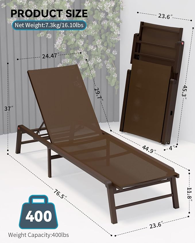 Aluminum Chaise Lounge Chair Outdoor, Foldable Patio Lounge Chair 2 Sets Assemble-Free, Pool Lounge Chairs with 5 Adjustable Backrest, Outdoor Lounge Chairs for Outside Poolside Beach Lawn Brown