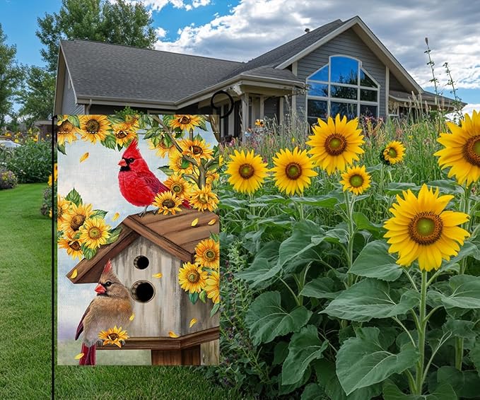 BLKWHT Summer Sunflowers Cardinal Bird Garden Flag 12x18 Vertical Double Sided Yellow Flowers Spring Farmhouse Holiday Outside Decorations Burlap Yard Flag BW815