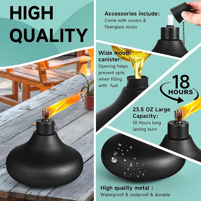 6 Pack Metal Table Top Torches,24.5 oz Citronella Torches for Outside,Refillable Flame Light Torch with Wicks and Covers, Landscape Lanterns Torches for Party, Garden Decor,DIY