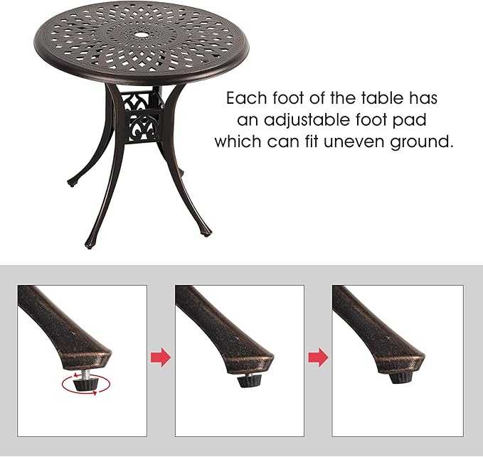 COBANA Patio Bistro Table, 31’’ Round Cast Aluminum Outdoor Dining Retro Side Table with 2’’ Umbrella Hole, Bronze