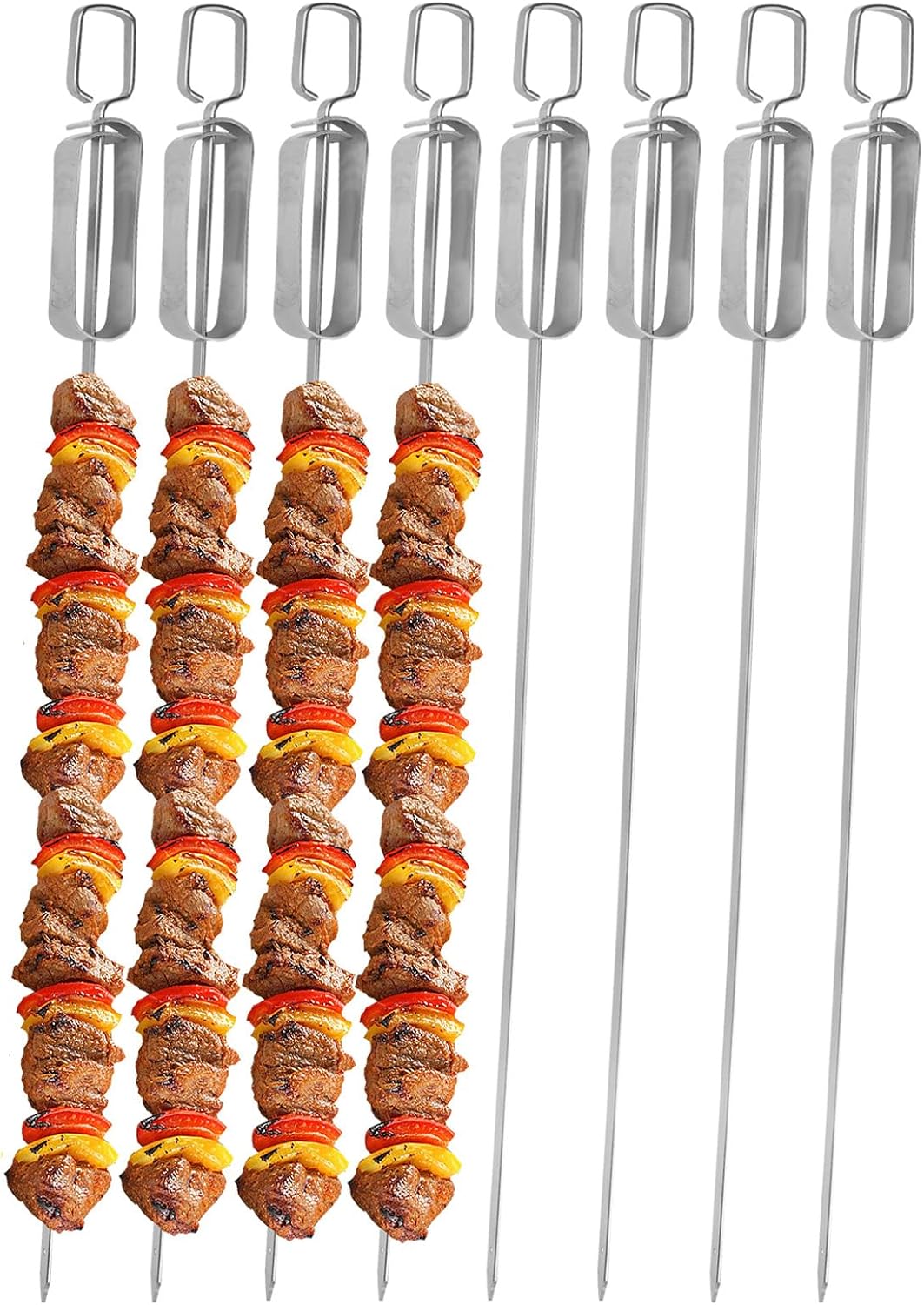 BBQ Skewers, Premium 304 Stainless Steel BBQ Skewers,15 Inch Heavy Duty Metal Kabob Sticks for Grilling, Reusable & Dishwasher Safe (Single fork8)