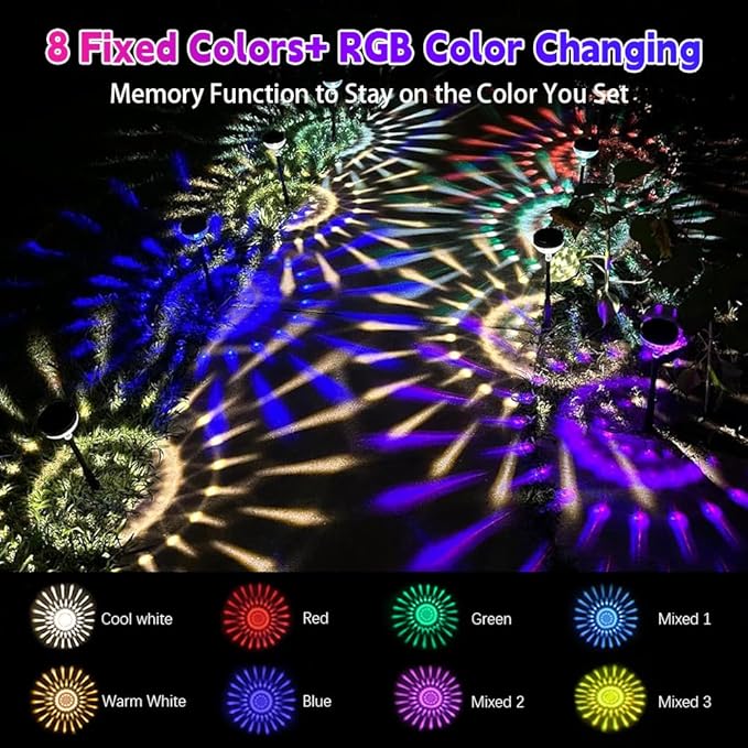 Solar Pathway Lights 8 Pack, Color Changing+8 Fixed Colors (Warm White/Cool White/RGB Colored) Solar Lights Outdoor Waterproof, Bright Solar Powered Garden Light for Walkway Backyard Landscape Decor