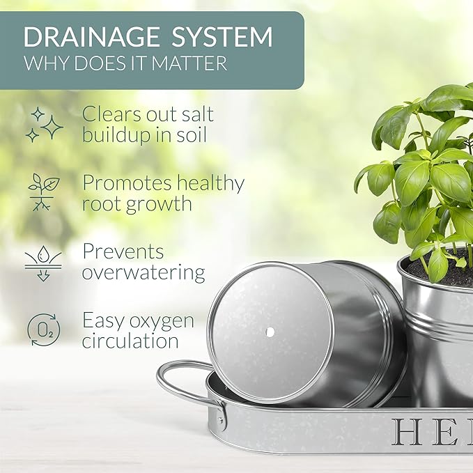 Barnyard Designs Indoor Herb Garden Planter Set with Tray, Metal Windowsill Plant Pots with Drainage for Outdoor or Indoor Plants, Set/3 (Galvanized)