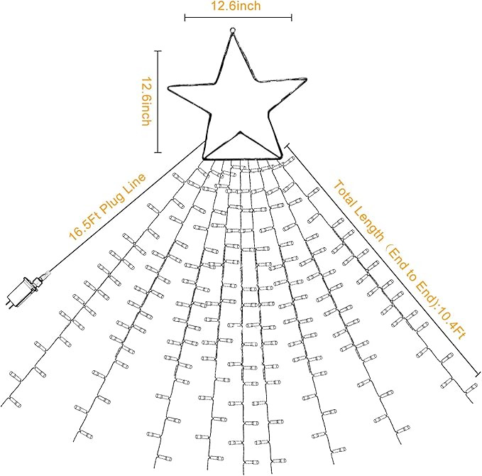 Christmas Decorations Star String Lights, 320 LED Waterfall Tree Lights with 13" Topper Star 8 Lighting Modes Indoor Outdoor Decorative for New Year, Holiday, Wedding, Party