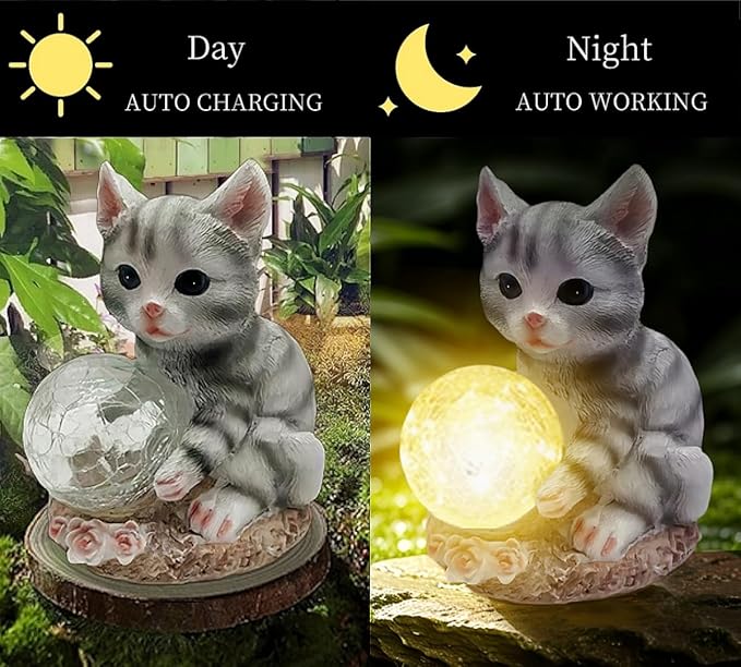 coolboy Solar Cat Outdoor Garden Statue,Waterproof LED Lights Outdoor Decor,Solar Lantern Indoor Figurines,Resin Cat Ornament for Patio Garden Table Decor
