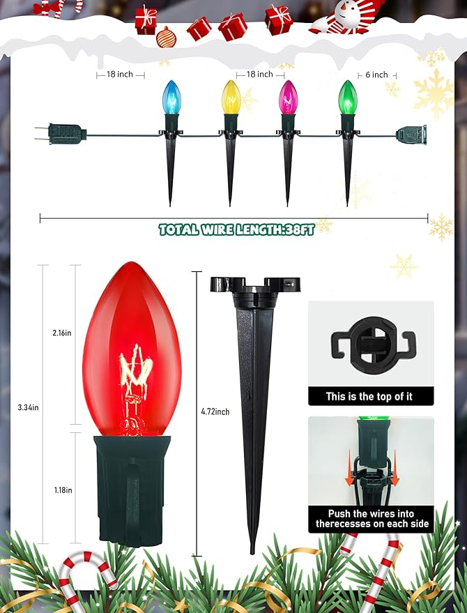 C9 Christmas Pathway Lights Outdoor, 38Ft Outdoor Christmas Decorations with 25 C9 Multicolor Bulbs Christmas Stakes Lights, Connectable Christmas Walkway Lights for Outside Yard Lawn Sidewalk Garden