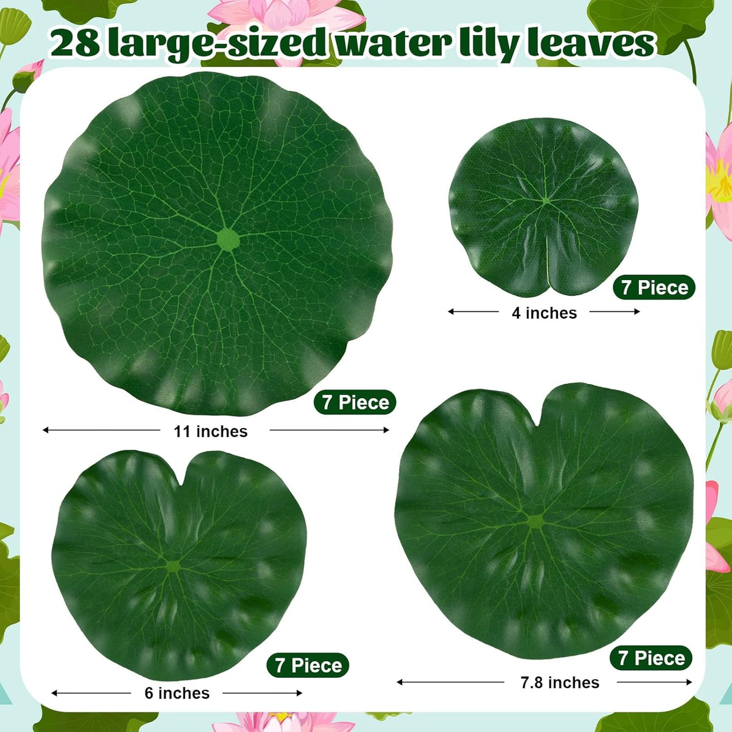 28 Pcs Realistic Lily Pads Leaves for Ponds, 4 Kinds Artificial Floating Foam Lotus Leaves, Water Lily Pads Foliage Pond Decor for Pond Pool Koi Fish Patio Aquarium