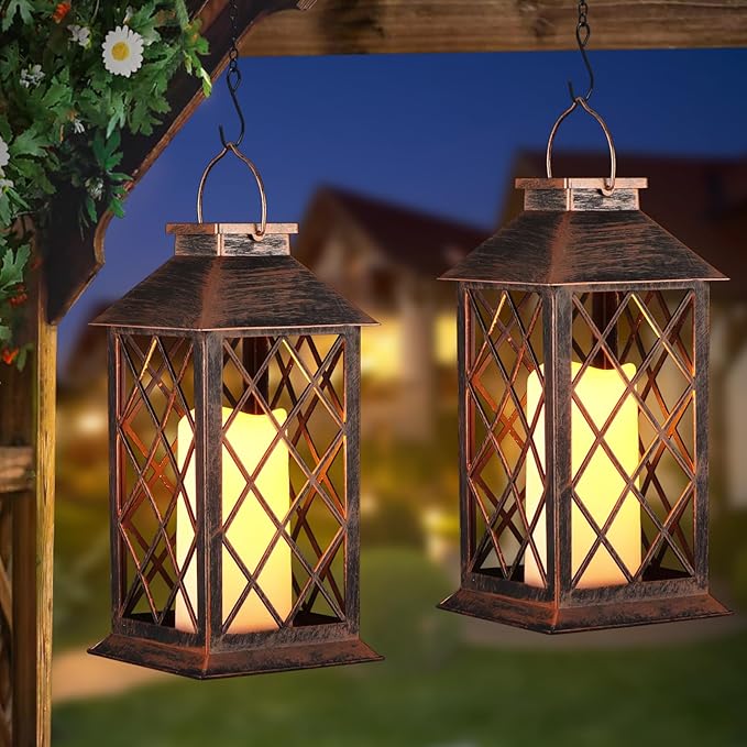 2 Pack Solar Lantern Outdoor Waterproof Garden Decor Hanging Lanterns Birthday Gifts for Women Mom 11" LED Flickering Flameless Candle Christmas Table Lights for Yard, Patio, Porch, Backyard