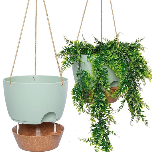 8 inch Hanging Planters, 2 Pack Self Watering Hanging Pots with 20oZ Deep Reservoir for Indoor Outdoor Plants Flowers, Green with Brown
