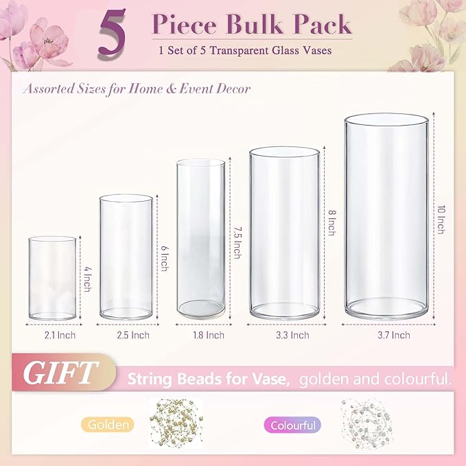 5pcs Glass Vase Cylinder Vases for Centerpieces Small Flower Glass Clear Vases Home Decor Centerpiece Table Flower Vase Decorations for Wedding Decoration＆Holiday Mixed Sizes Tall