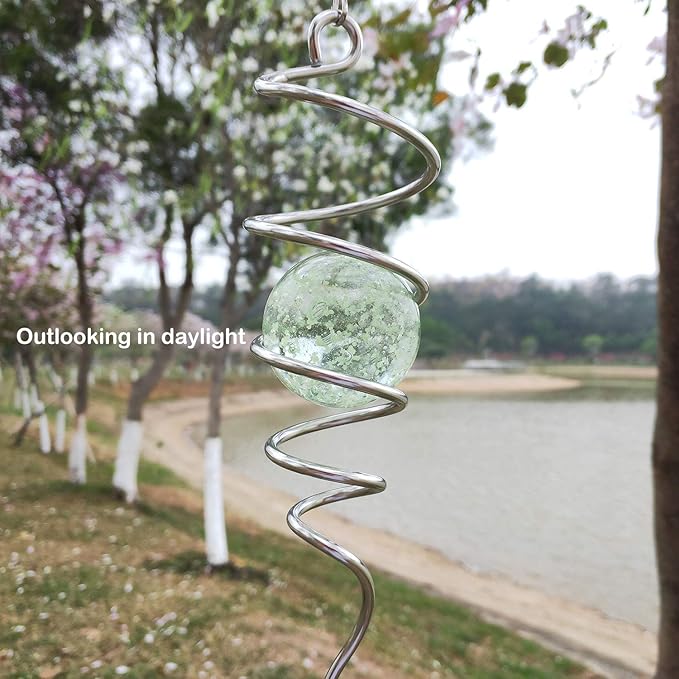 FONMY Gazing Ball Stainless Steel Spiral Tail-Decorative Wind Spinner with Glow Glass Ball, with Hanging Swivel Hook, Indoor Outdoor Decoration Silver Glow -13 inch Height