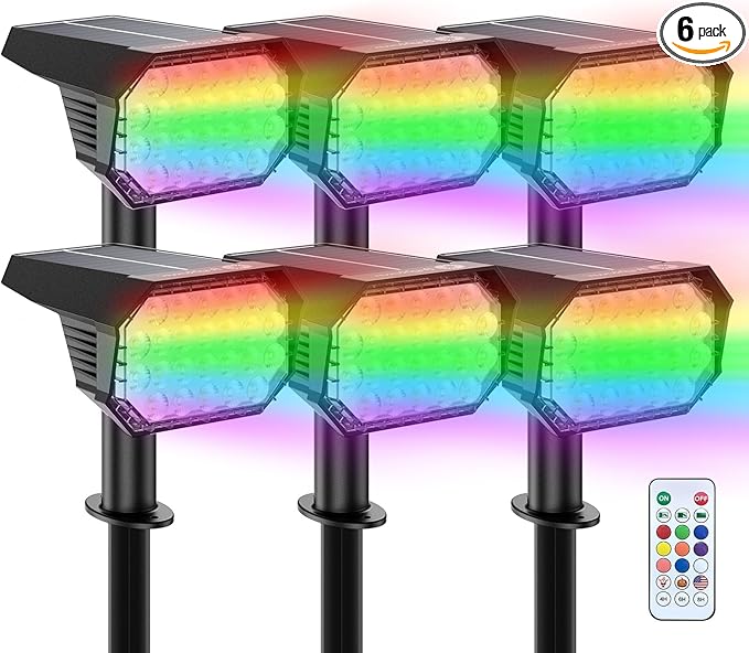 Brightown Solar Color Changing Lights Waterproof, Multicolor RGB Solar Spot Lights Outdoor with Remote Control, 3 Modes Solar Powered Outdoor Light for Yard Porch Pathway Garden, 6 Pack