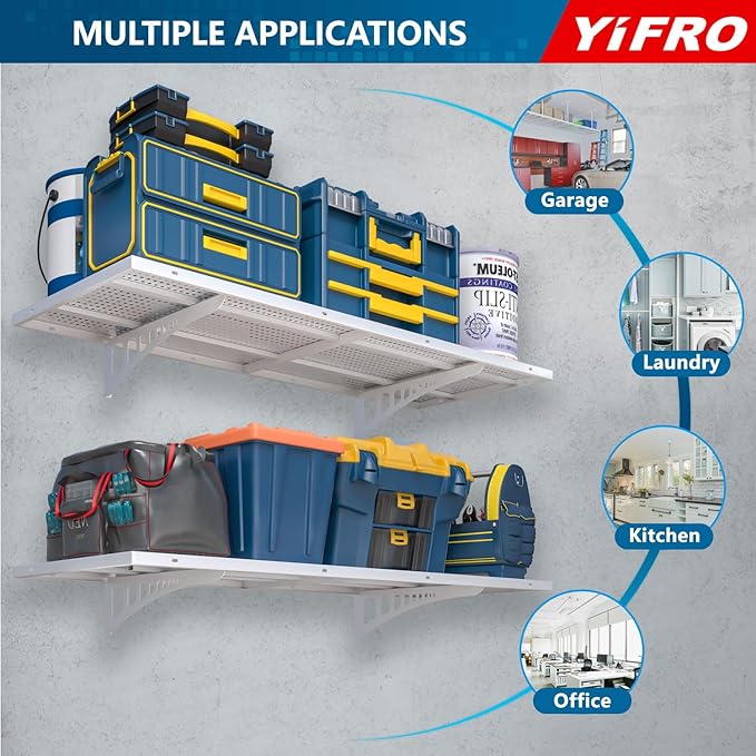 4-Pack 1.5x4ft Heavy Duty Garage Wall Shelving, 1000 lbs Load Capacity, Garage Storage Rack with Hooks, White