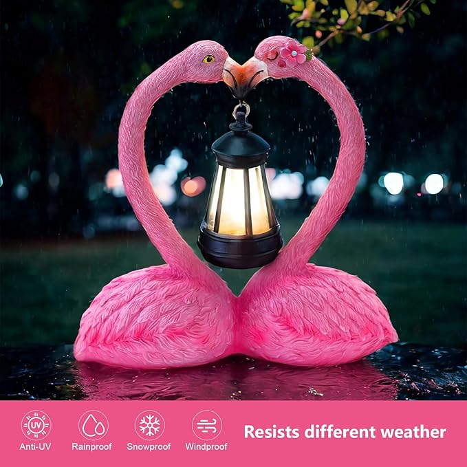 9.8" Garden Flamingo Statue with Solar Lantern,Heart Shaped Flamingo Decor,Unique Double Head Flamingo Gifts for Women,Mom,Lover