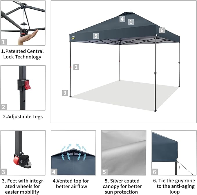 CROWN SHADES 10x10 Pop Up Canopy Tent - Patented Center Lock One Push Instant Outdoor Canopy Beach Tent with STO-N-Go Bag 8 Stakes & 4 Sand Bags，Grid Grey
