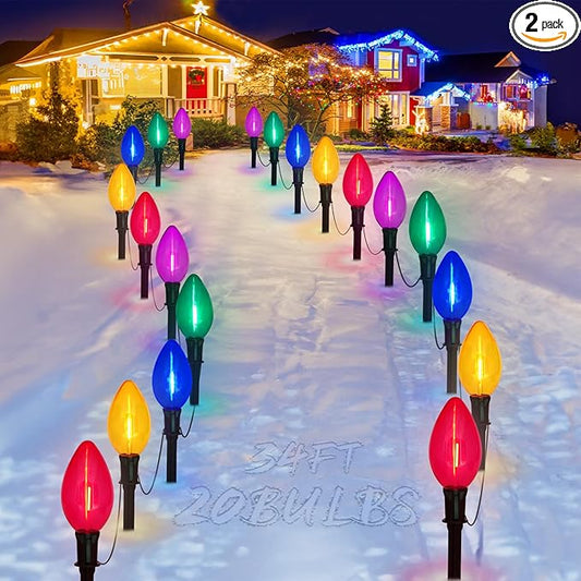 2 Packs Outdoor Christmas Decorations, Total 34 Feet 20 LED C9 Christmas Pathway Lights or Xmas String Lights, Multicolored Bulbs Waterproof Marker Lights for Yard Holiday Lawn Walkway Garden