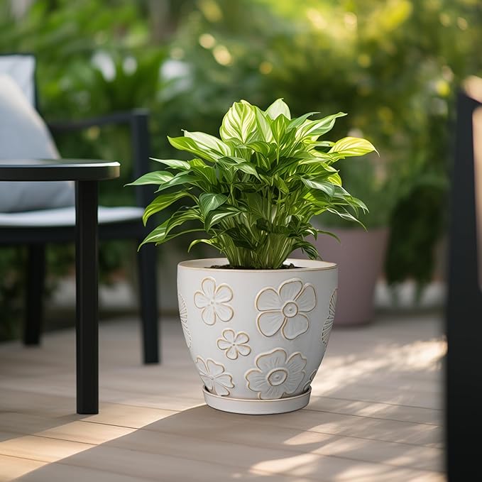 10 Inch Ceramic Planter Pot Large Plant Pot for Indoor Plants Outdoor Round Flower Pot with Drainage Hole and Saucer for Home Garden Decor White