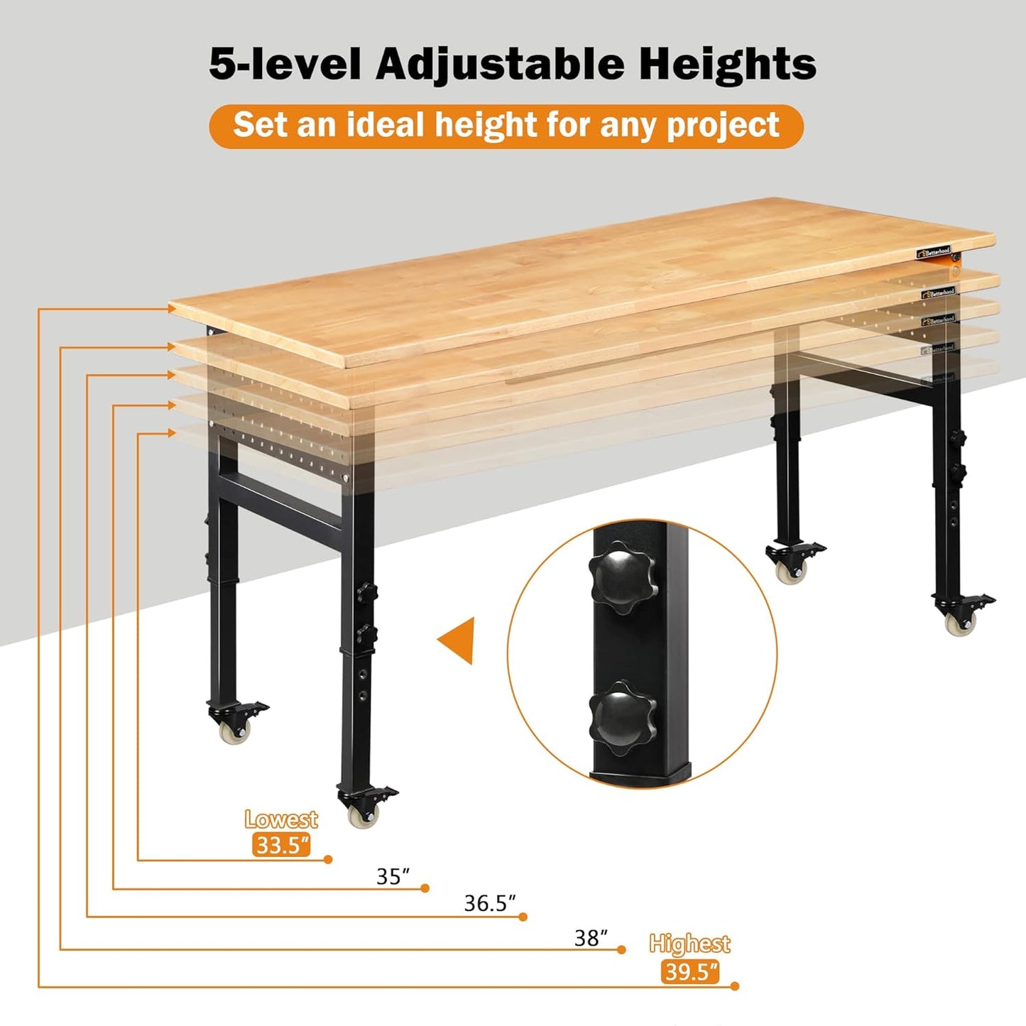 60" Adjustable Workbench for Garage, Rubber Wood Shop Table W/Wheels & Double Pegboards & Drawer, 2000 LBS Load Capacity Hardwood Worktable for Workshop, Garage, Office, Home, Commercial