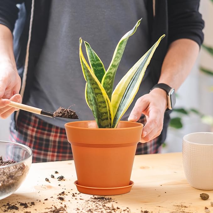 4 inch Small Plastic Nursery Pots, 16 Pack Plant Pots for Indoor Outdoor Plants, Flower Pots with Drainage Holes and Saucers, Decorative Seedling Starter Planters for House Plants, Terracotta