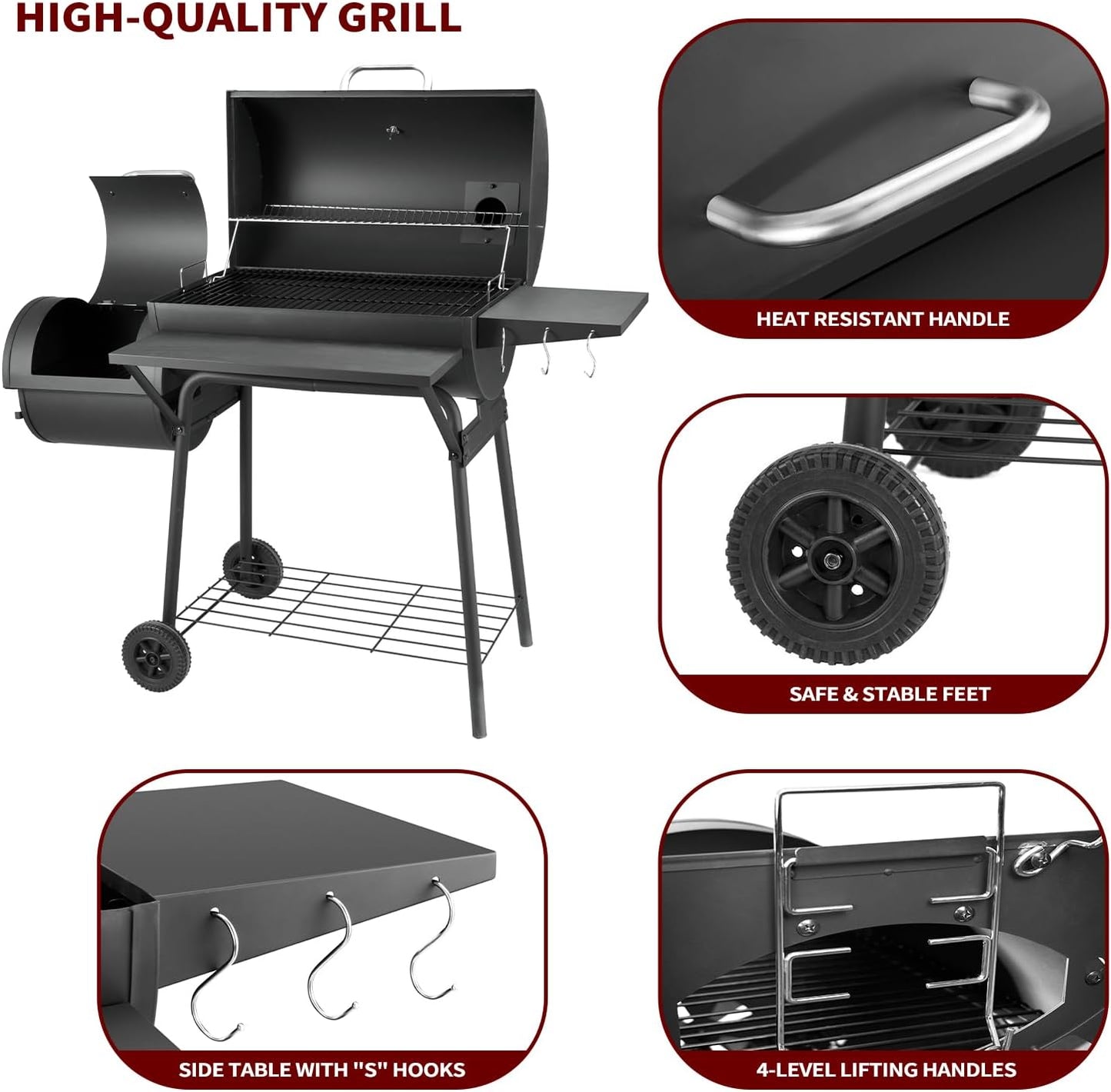 Charcoal Grill with Offset Smoker,BBQ Grills with Side Table,Outdoor Cooking with 714 Square Inches,Backyard Camping Picnics, Patio and Parties, Black by DNKMOR