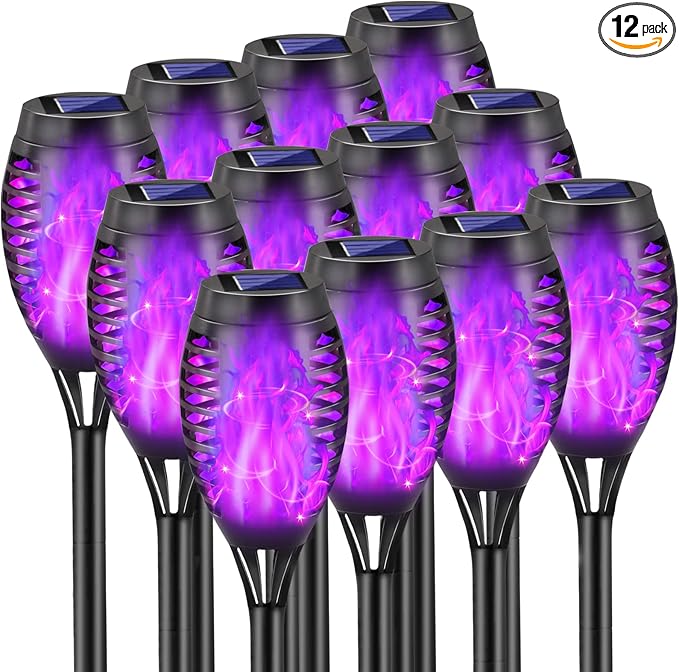 Halloween Decorations Outdoor, 12 Pack Purple Solar Lights Outdoor Waterproof 12 LED Mini Tiki Torch Lights with Flickering Flame for Outside Landscape Garden Pathway Dusk to Dawn Auto On/Off