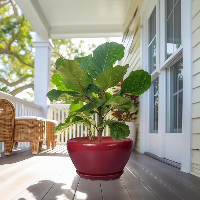 Ceramic Planter - Indoor Plant Pot with Drainage Hole and Saucer 13 Inch Large Pots for Plants Round Modern Outdoor Flower Pot Mid-Century Patio Room Decor Red