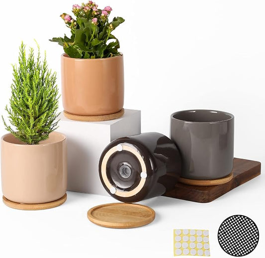 OMAYKEY 4 Inch Ceramic Plant Pot with Saucer, Multicolor Bright Glazed Planters Pots with Drainage Hole and Mesh Pads for Succulent, Indoor Flowers, Snake Plants, Cactus, Herbs, Set of 4