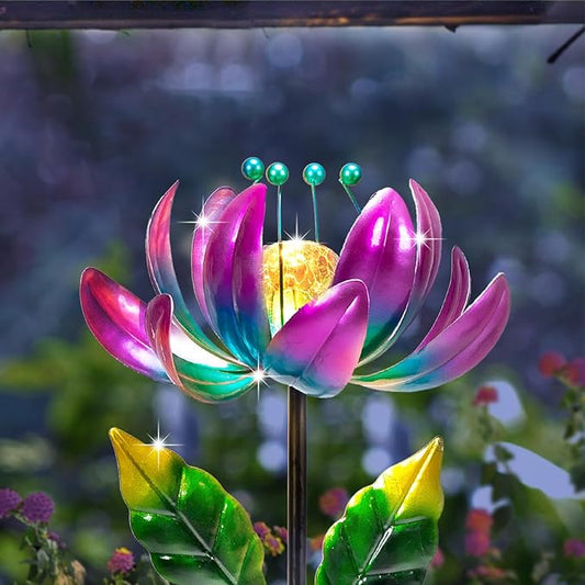 Huaxu Solar Outdoor Lights 35.4In Garden Decor Flower Wind Spinners,Waterproof LED Crackle Glass Globe Purple Lotus Art Metal Stake for Lawn Patio Pathway Yard Porch Driveway Decorations Gift