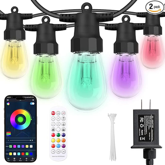 Outdoor String Lights 100FT, Outdoor Lights for Patio with 40 Dimmable RGBW LED Bulbs, IP66 Waterproof Shatterproof, with APP Control & Remote, 24V Adapter Color Change,for Backyard Decor