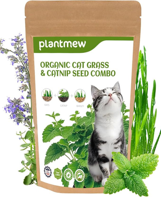 Organic Cat Grass & Catnip Seeds Kit – 3 Pack Oat & Barley Grass for Indoor Cats – Fast 7-Day Growth, High Germination, Hairball Control & Play – Pet-Safe Planting Set