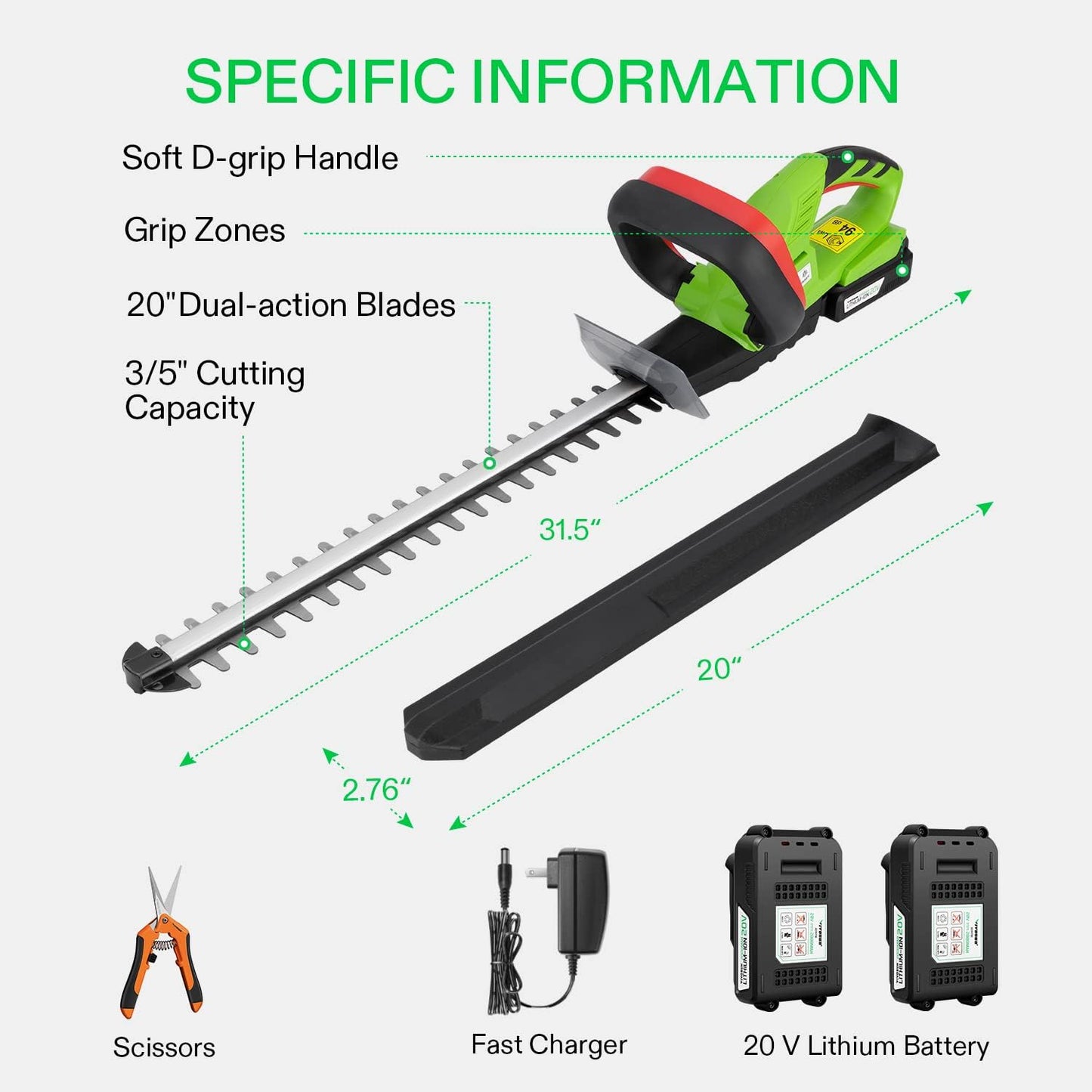 VIVOSUN 20" Cordless Hedge Trimmer, 20V Electric Bush Trimmer, 1400 RPM Shrub Trimmer, Dual-Action Laser Blade, 3/5" Cutting Capacity, Lightweight & Compact, 2Pcs Batteries and Fast Charger Included
