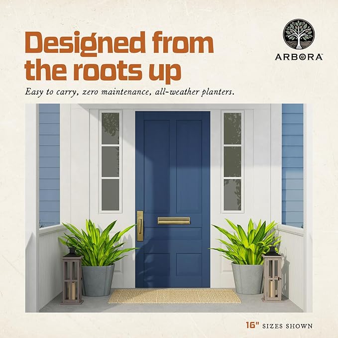 ARBORA 16" Monaco Square Polyresin Indoor and Outdoor Planter with Stone Blend Concrete Gray Finish - Durable, Weatherproof, Lightweight, Large Plant Pot for Patio, Garden, Deck, Entryway