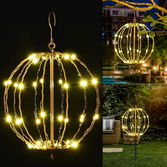 Christmas Ball Light Sphere, 10IN 48LED Hanging Tree Light and Pathway Lights with Hook and Stake, Foldable Metal Frame Light Ball for Outdoor Garden, UL Listed, Brown Frame, Warm White