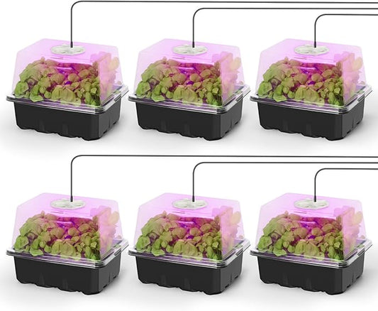 MIXC 6-Pack Seed Starter Tray Kit with Plant Light Seedling Trays with Adjustable Humidity Domes & Clear Cell Trays 12 Full Spectrum LED Beads for Indoor Plant Growth(Black)